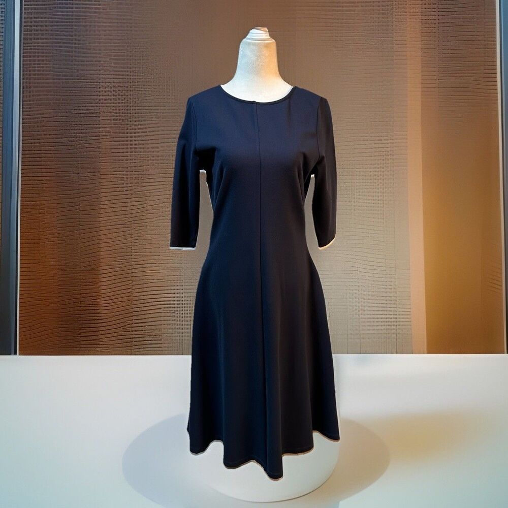 Betabrand Navy Blue Ready Set Go Dress Sz Medium Fit & Flare Pockets 3/4 Sleeve
